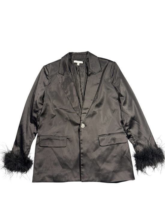 Sincerly Jules Jackets & Blazers - Sincerly Jules Small Black Satin Blazer Feather Cuffs Holiday New Years Party